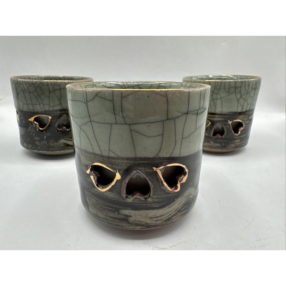 Vintage Soma Ware Somayaki Double-Walled Crackle Glaze 3 Cups Gold Horse
